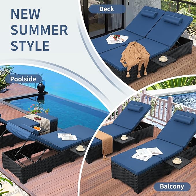 WAROOM Outdoor Chaise Lounge Chairs for Outside Patio Furniture Set of 2 Wicker Recliner Black Rattan Sunbathing Lounger Adjustable Backrest Pool Reclining Chair, Navy Blue Cushion