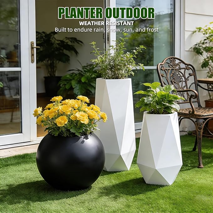 13.5 H x 17" Dia (12" Pot Opening) Round Fiberstone Planter with Drainage Hole, Durable Garden Flower Pots, Black, Resistant for Indoor and Outdoor, Planters for Large Plants pot for Home Decor Patio