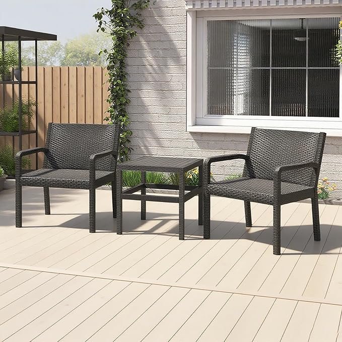 COSTWAY 3 Piece Patio Furniture Set, Outdoor PP Rattan Wicker Furniture Set with 2 Modern Rattan Armchair and 25” Squire Side Table for Patio, Garden, Poolside, Bistro, Black