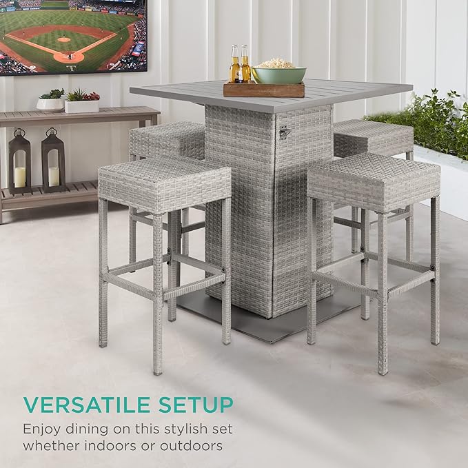 Best Choice Products 5-Piece Outdoor Wicker Bar Table Set for Patio, Poolside, Backyard w/Built-in Bottle Opener, Hidden Storage Shelf, Metal Tabletop, 4 Stools - Gray