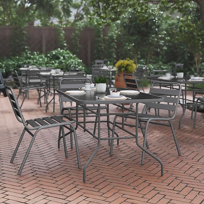 Flash Furniture Tory 31.5" x 55" Rectangular Tempered Glass Metal Table with Umbrella Hole, Silver
