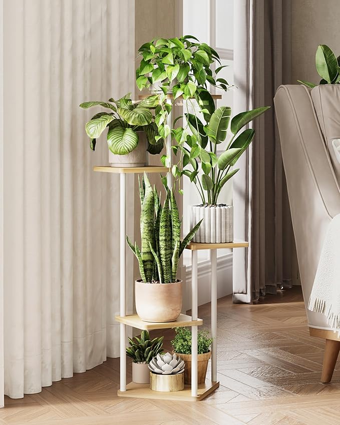 Tall Plant Stand Indoor 5 Tiered Plant Shelf for Multiple Plants Coner Shelf Stand Wood Plant Stand Metal Shelving for Living Room Bedroom Balcony Patio White