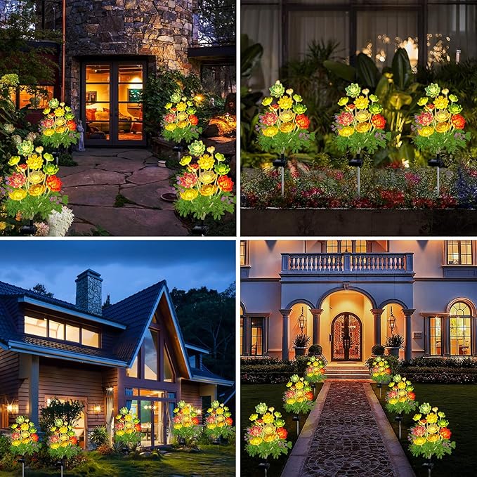 Solar Garden Lights Outdoor, 2 Pack Upgraded Succulent Solar Flowers Outside Waterproof, Gardening Gifts for Women Mother, Decorative Solar Powered Lights Yard Decor for Lawn Backyard Patio Pathway