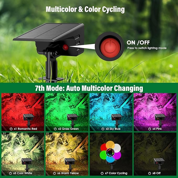 Solar Spot Lights Outdoor with 7 Lighting Modes RGB, 2 Pack Solar Color Changing Lights IP68 with 29 LED & Auto On/Off, Multicolor Outdoor Lights for Outside, Garden, Yard(Multicolor)