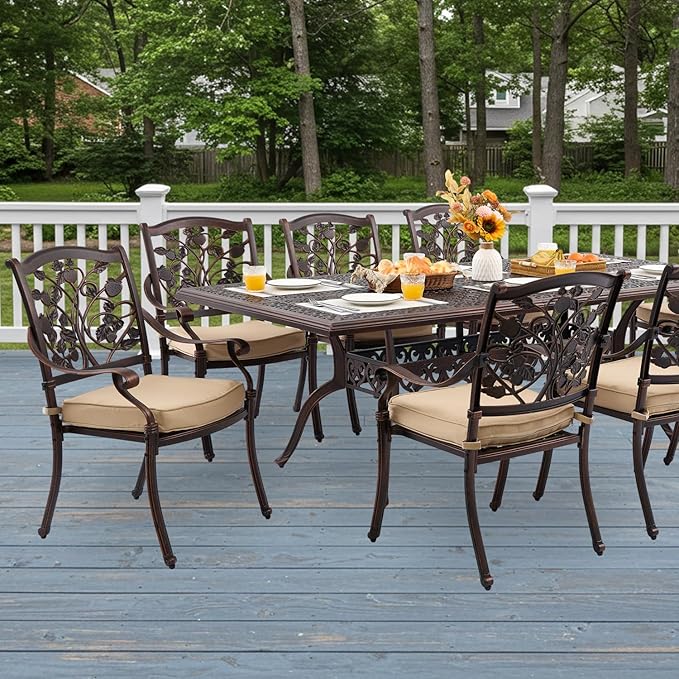 9-Piece Cast Aluminum Patio Furniture, Outdoor Dining Sets for 8 Include 87" Rectangular Patio Dining Table and 8 Stackable Chairs with Cushions & Umbrella Hole (Copper Red)