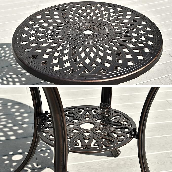 DWVO 30 Inches Round Patio Dining Table with Umbrella Hole, Antique Cast Aluminum Outdoor Bistro Table Outdoor Side Table for Backyard, Garden, Patio, Porch, Hammered Bronze
