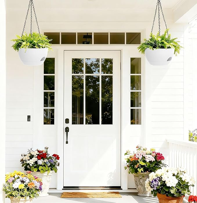 8 Inch Hanging Planters for Indoor Outdoor Plants, 4 Pack White Plastic Self Watering Hanging Baskets with Drainage Holes and Chain for Garden Porch