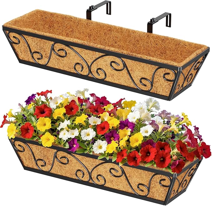 2pcs 24 Inch Window Deck with Coco Liner, 24" Window Boxes Horse Trough with Coconut Coir Liner, Metal Hanging Flower Planter Window Basket Deck Railing Planter Boxes for Outdoor Indoor Lawn