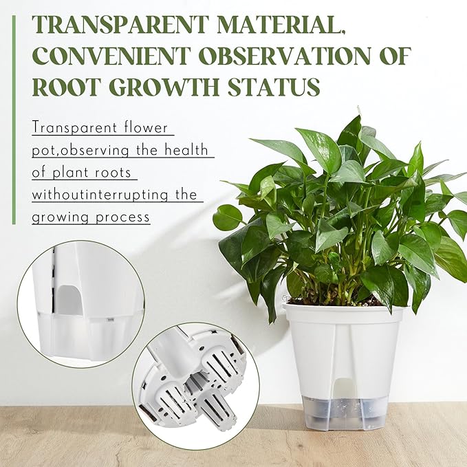 Self Watering Pots for Indoor Plants with Deep Reservoir and High Drainage Holes for Outdoor Plants and Flowers, Bare Root Planter(4.72'', 5.91'', 7.09'',White,9 Pcs)