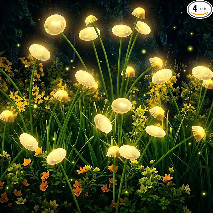 4 Pack 32LED Solar Garden Lights, 8 Lighting Modes Swaying Mushroom Lights, IP65 Waterproof Outdoor Decor for Garden, Yard, Patio, Pathway & Gifts for Women, Grandma (Warm White)