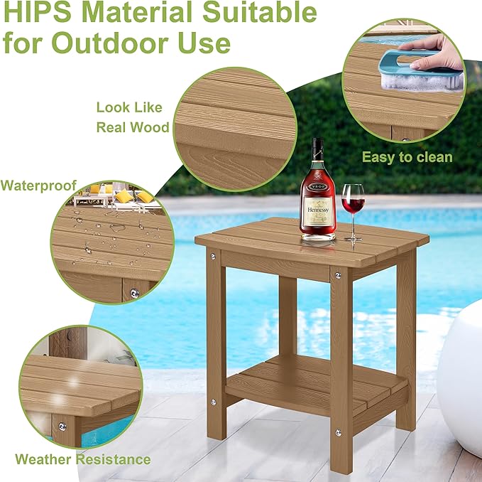 Y&M Outdoor Side Table, HIPS Adirondack Small Double Layer Table, Waterproof Square Outside Table, Balcony Modern End Tables for Patio, Pool, Beach, Porch, Deck, Indoor or Outdoor Use, Brown