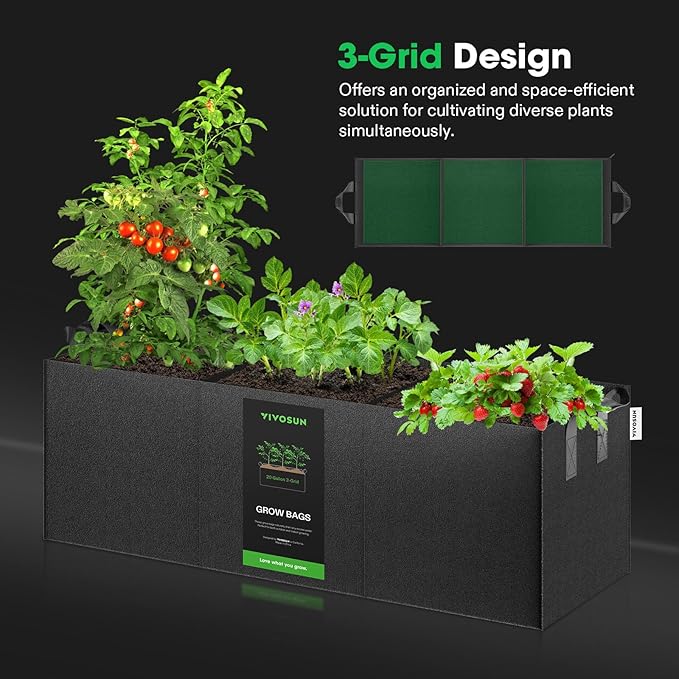 VIVOSUN 3-Pack 3-Grid 20 Gallon Grow Bags, Heavy Duty Square Plant Grow Pots, 400G Thickened Breathable Fabric Plant Container with Reinforced Handles & 10 Pcs Plant Labels for Flowers, Vegetables