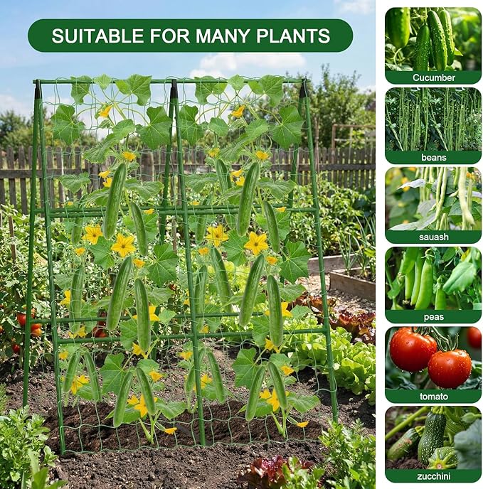 2-Pack A-Frame Cucumber Trellis for Raised Bed - 33"x47" Foldable Garden Trellis with Net & Clips|Space-Saving Metal Plant Support for Cucumber, Tomato, Peas|Rust-Proof Outdoor Climbing Plants Trellis