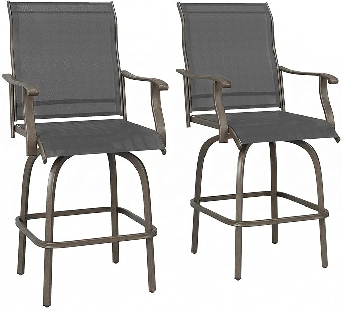 Outsunny Set of 2 Outdoor Swivel Bar Stools with Armrests, Bar Height Patio Chairs with Steel Frame for Balcony, Poolside, Backyard, Black