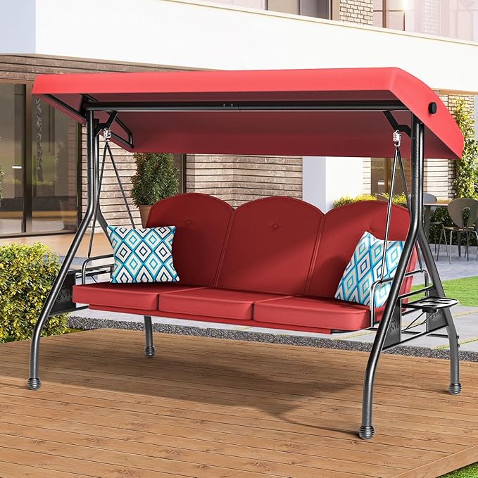 3 Seat Outdoor Porch Patio Swing with Stand 800lbs 2-in-1 Convertible Swing Bed with Adjustable Canopy & Removable Cushion for Yard Garden Deck (Wine Red, Round Tube)