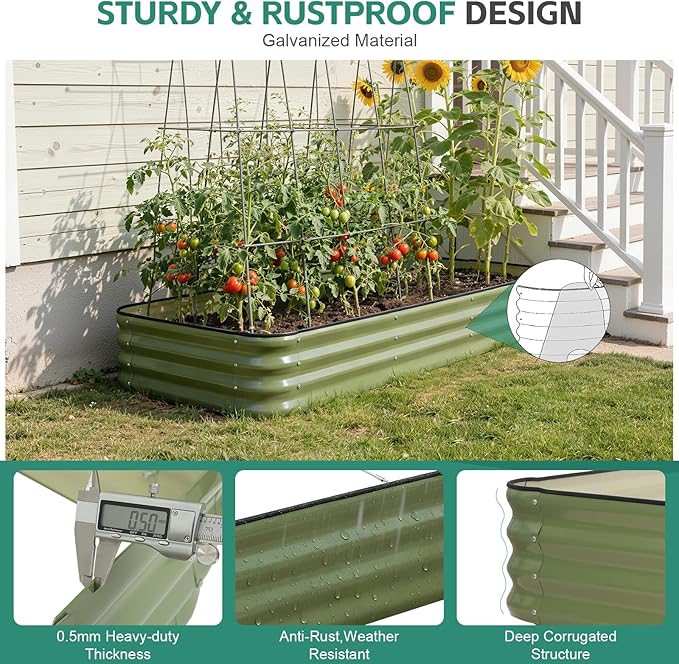 5 in 1Galvanized Raised Garden Bed - 8x3x1ft Modular Garden Planter Bed Outdoor | Steel Raised Bed Kit with Bracing Rods, Gloves for Gardening Vegetables Fruits and Flowers (Green)