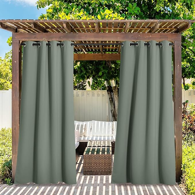 NICETOWN 2 Panels Sage Green Blackout Outdoor Curtains for Patio Waterproof, Thermal Insulated Rustproof Grommet Durable Indoor Outdoor Blinds Light Blocking for Yard Party/Picnic, W52 x L95