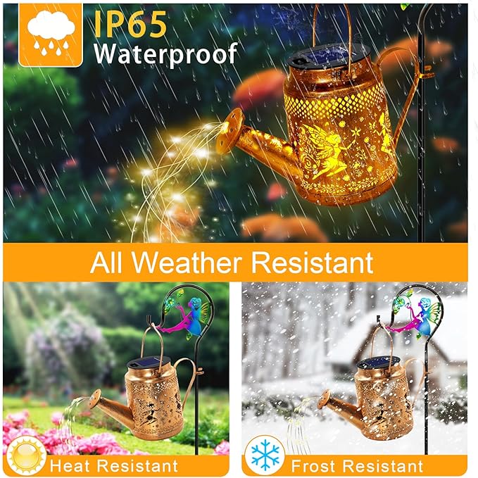 Solar Lanterns Outdoor Waterproof,Metal Watering Can Garden Decor,Fairy Hanging Solar Path Lights Yard Art,Outside Patio Decorations Gardening Christmas Gifts for Mom Grandma Women（with Shepherd Hook）