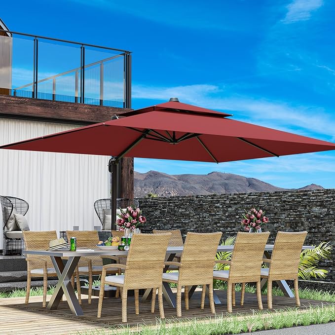 10x13FT Cantilever Outdoor Patio Umbrellas，Double Top Large Rectangle Umbrella Heavy Duty 360°Rotation Offset Outdoor Sun Shade Umbrella for Garden Deck Pool Backyard Patio, Red