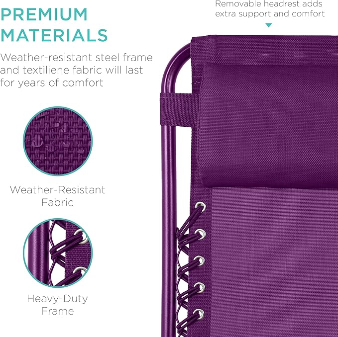 Best Choice Products Set of 2 Adjustable Steel Mesh Zero Gravity Lounge Chair Recliners w/Pillows and Cup Holder Trays - Amethyst