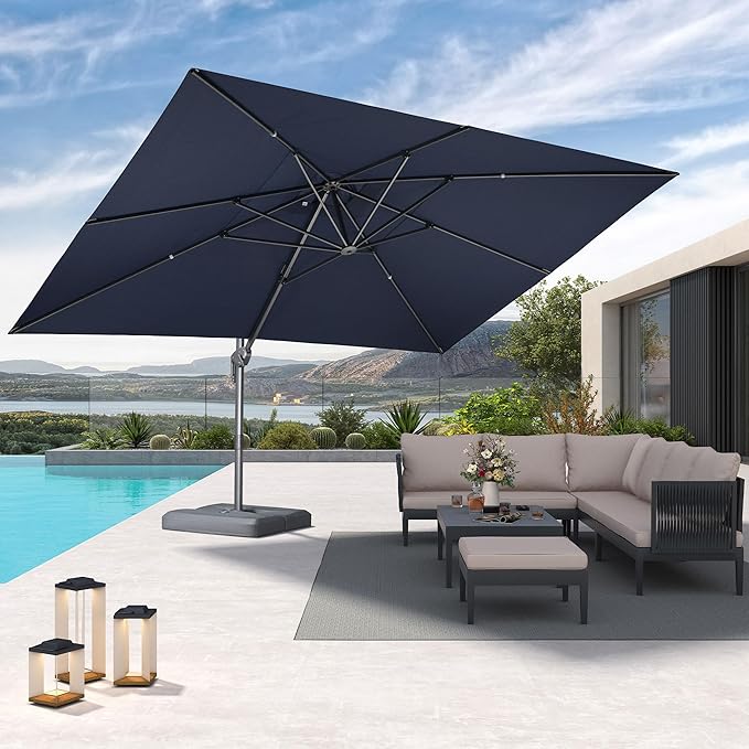 PURPLE LEAF 10' X 13' Rectangle Cantilever Umbrella with Base Outdoor Large Aluminum Patio Umbrella with 3-Year Fade Resistance Recycled Fabric and 360-degree Rotation for Deck Pool Garden,Ocean Slate
