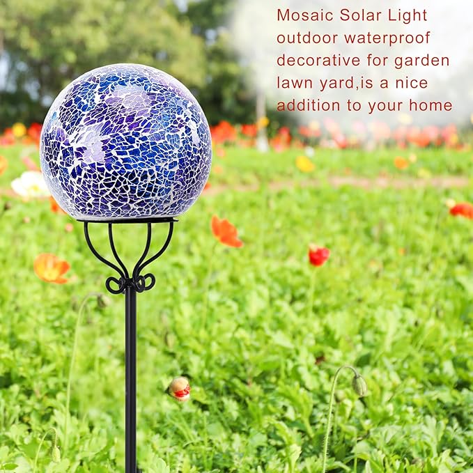 VCUTEKA Solar Outdoor Lights Garden Decor Mosaic Solar Garden Lights Waterproof Glass Ball LED Pathway Stake Light for Landscape Lawn Patio Yard Decoration 6 inch, Blue