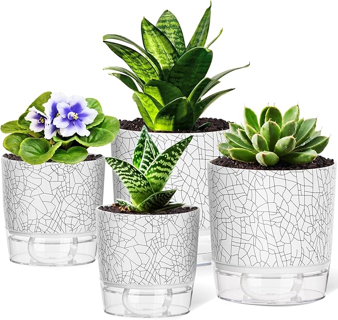 Self Watering Pots for Indoor Plants, 4/5.5 Inch Crackle Pattern Planters with Clear Water Reservoir & Wick System, 4 Pack Plastic Flower Pots for Succulents, Herbs, African Violets