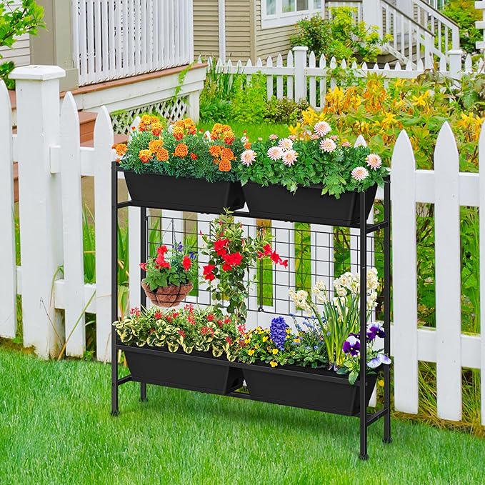 OYEAL Raised Garden Bed 32" Tall Elevated Planter Boxes with Trellis & Legs, Standing Herb Garden Planter Outdoor for Gardening, Vegetables, Flowers, Herbs, Backyard, Black