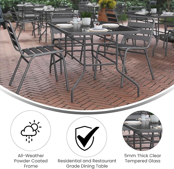 Flash Furniture Tory 31.5" x 55" Rectangular Tempered Glass Metal Table with Umbrella Hole, Silver