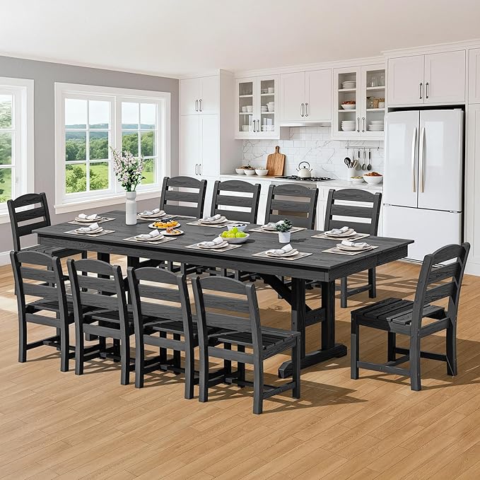 SERWALL 11 Piece Outdoor Dining Set, 84" HDPE Outdoor Table and Chairs for 10，All Weather Patio Furniture Set with Umbrella Hole for Backyard, Garden, Black