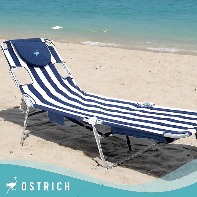 Ostrich the Backpack Chaise Lounge, Folding & Reclining Outdoor Beach Chaise Lounger Chair for Lawn, Pool, Patio, Garden, and Yard, Blue Stripe