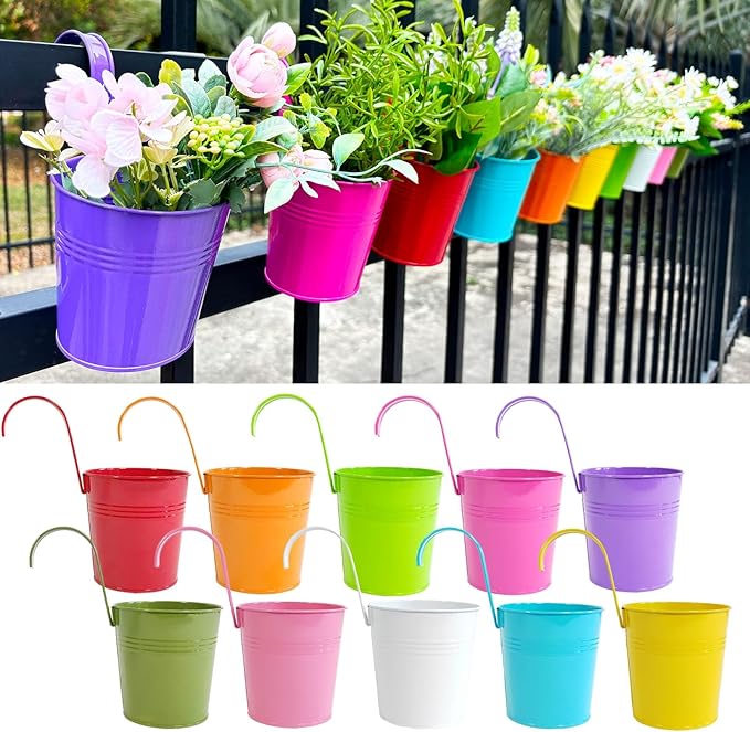 10 Pcs Fence Planters, 4" Metal Hanging Pots Plant Holder with Detachable Hook & Drainage, Railing Planter Flower Pot for Indoor Outdoor Balcony Patio Garden