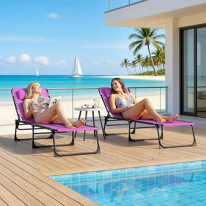 Outsunny Folding Chaise Lounge Chair Set of 2, Patio Sun Tanning Chair, Outdoor Chaise Lounger with 4-Position Reclining Back, Breathable Mesh Seat for Beach, Poolside, Yard, Purple