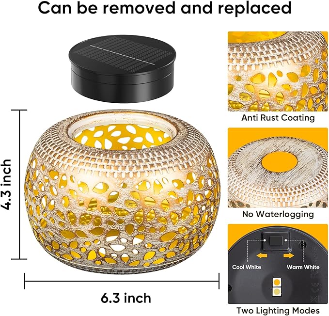 Solar Lanterns Outdoor Waterproof: 2 Pack White Gold Hollow Out Metal Solar Lights - 2 Lighting Colors Outside Patio Garden Yard Porch Tabletop Decorations - Unique Gifts for Women Mom Wife