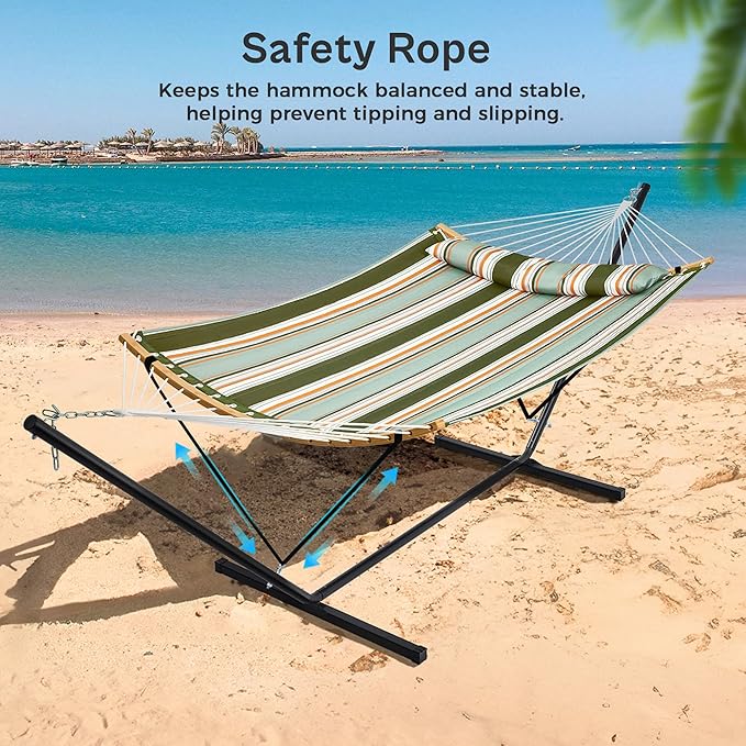 SUPERJARE Hammock with Stand, 2 Person Heavy Duty Hammock with Padded Cotton, Detachable Pillow & Strong Curved-Bar & Portable Carrying Bag, Perfect for Outdoor & Indoor, Retro Green