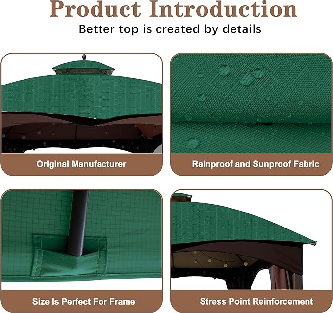 SCOCANOPY Forest Green Ripstop Replacement Top Fit for Lowe's Allen Roth 10X12 Gazebo Model #GF-12S004B-1/ GF-12S004BTO