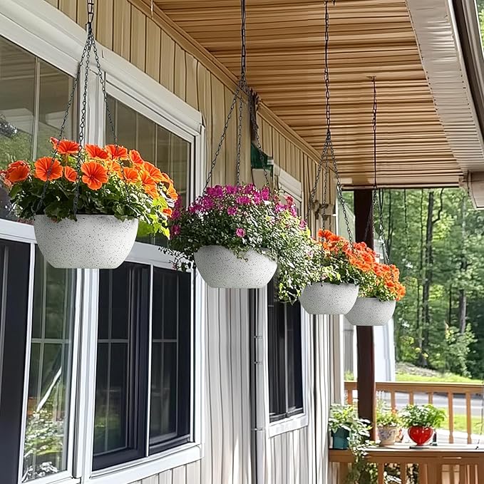 T4U 8 Inch Hanging Planters for Indoor Plants, 2 Pack Hanging Planter, Hanging Plant Pots with Drainage Holes and Chain, Hanging Basket Pots for Garden Home Porch Decor, White