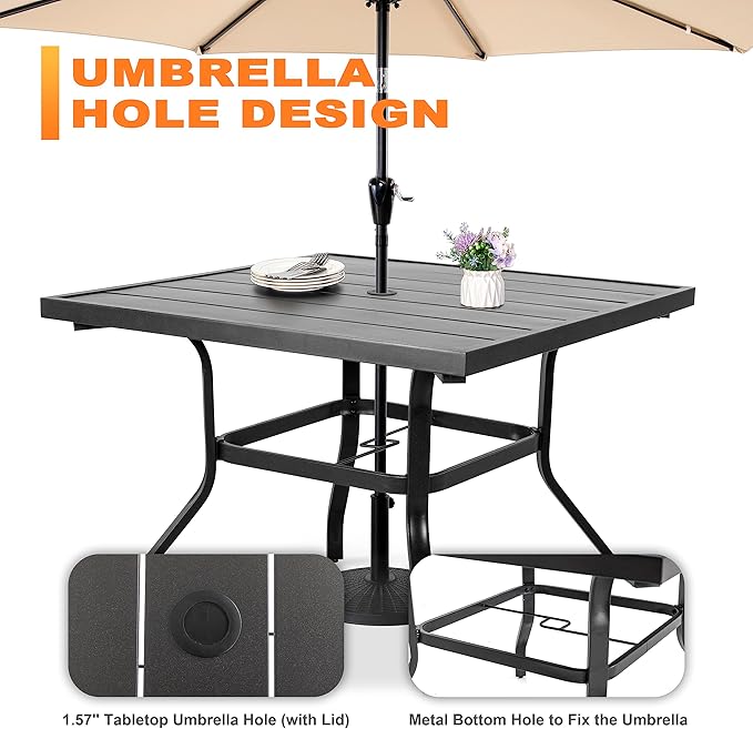 NUU GARDEN Outdoor Patio Dining Set, 4 Swivel Textilene Dining Chairs and 37" Square Dining Table with 1.57'' Umbrella Hole, Powder Coated Iron Frame, for Patio, Garden, Backyard, Black and Brown