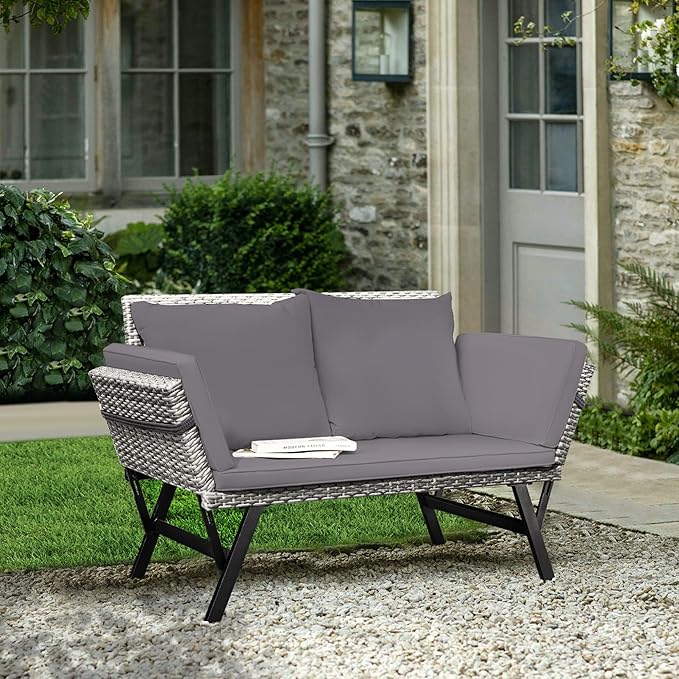 Greesum Outdoor Sofa, Woven Rattan Patio Furniture, Convertible Daybed or Double Chair with Adjustable Armrests, Cushions and Pillows for Yard, Porch, Pool, Gray Lounger & Blue Pillowcase