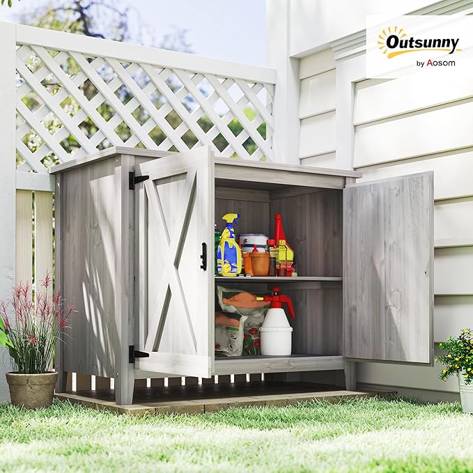 Outsunny Wood Garden Shed, Compact Outdoor Storage Cabinet Potting Shed with Inner Shelf and Double Doors for Backyard, Patio, Lawn, Light Gray