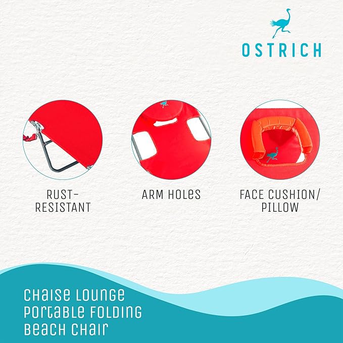 Ostrich The Original Chaise 72 x 22 Inch Lounge Portable Reclining Lounger, Outdoor Patio, Beach, Lawn, Camping, or Pool Tanning Chair, Red