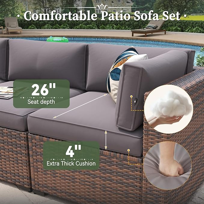 Aoxun 11 Piece Patio Furniture Set with 44” Fire Pit Table Wicker Rattan Outdoor Sectional Sofa Set with Coffee Table and Thickened Cushions, Gray (Waterproof Cover Included)