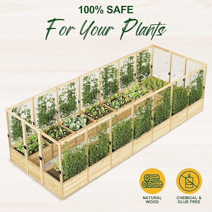 AMERLIFE Raised Garden Bed with Deer Proof Fence, 7.5Wx20Dx6H Outdoor Wooden Raised Garden Bed Planter with 19" Depth Planter Box