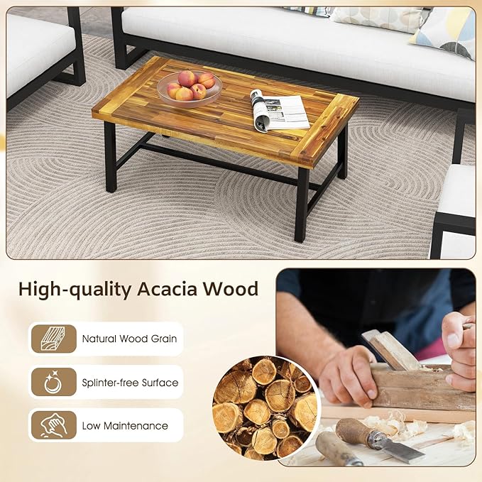 Tangkula Outdoor Acacia Wood Coffee Table, Rectangle Rustic Accent Table with Thickened Top & Heavy-Duty Metal Legs, for Patio, Deck, Garden, Natural