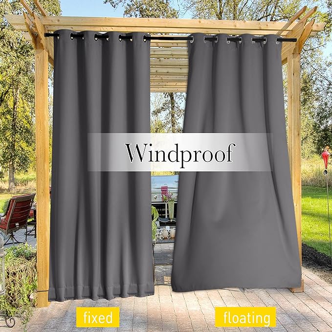 NICETOWN 2 Panels Windproof Blackout Outdoor Curtains for Patio Waterproof, Grommet & Back Tab on Top & Bottom Heavyweight Drapes Privacy for Pergola with Bouns Rope for Fixed, Grey, W46 x L80