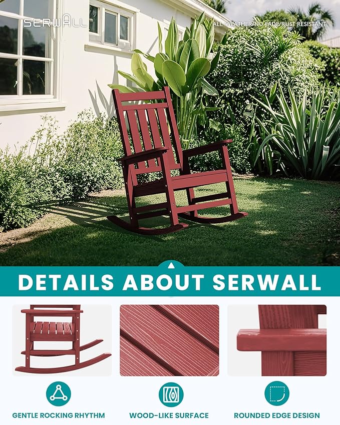 SEWALL HDPE Rocking Chair, Oversized Outdoor Rocking Chair for Adults, Patio Rocker for Porch, Crimson Red