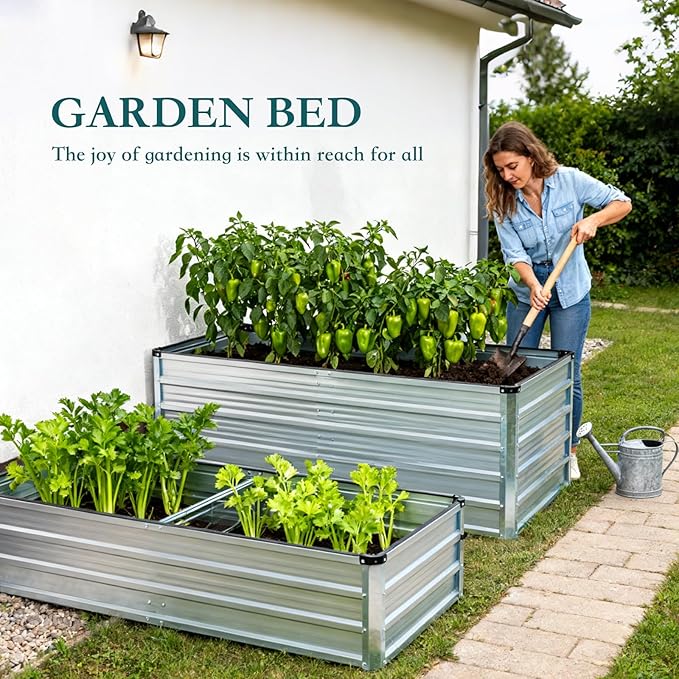 DUMOS Raised Garden Bed Outdoor, 6x3x2ft Planter Box Outdoor for Deep-Rooted Herbs/Flowers/Vegetables, Large Metal Garden Bed for Patio, Balcony and Backyard, Silver