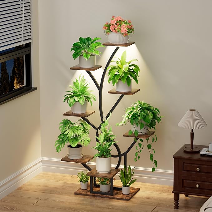 Plant Stand Indoor with Grow Lights - 8 Tiered Corner Plant Shelf Indoor, 50" Tall Lighted Plant Stand for Indoor Multiple Plants, Flower Stands Display Rack Holder for House, Patio, Black