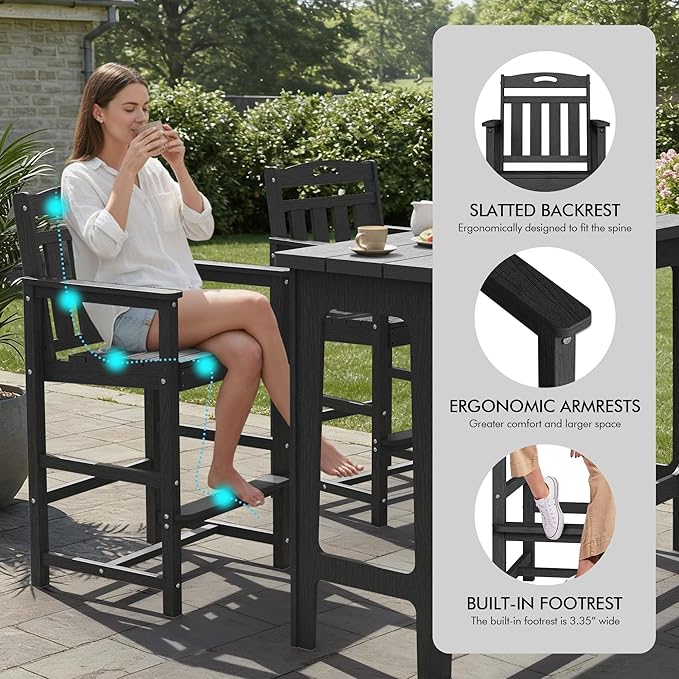 Ciokea 3 Pcs Outdoor Bar Height Table Set, 60" Extra Long Rectangle High Top Table and 2 Oversized Adirondack Chairs Set, Heavy-Duty All-Weather HDPE Patio Bar Set for Backyard Balcony Deck, Black