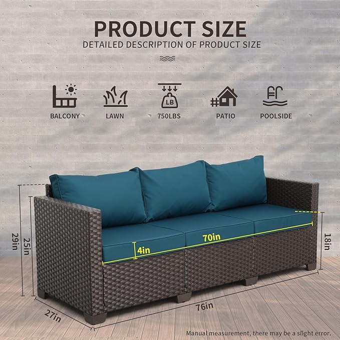 WAROOM Patio Couch PE Rattan 3-Seat Outdoor Sofa Brown Wicker Furniture Set Deep Seating with Anti-Slip Peacock Blue Cushion